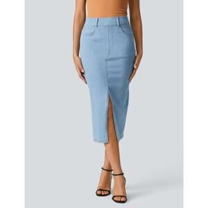 Halara Flex High Waisted Bodycon Denim Casual Midi Skirt Cyan Blue Small Stretch